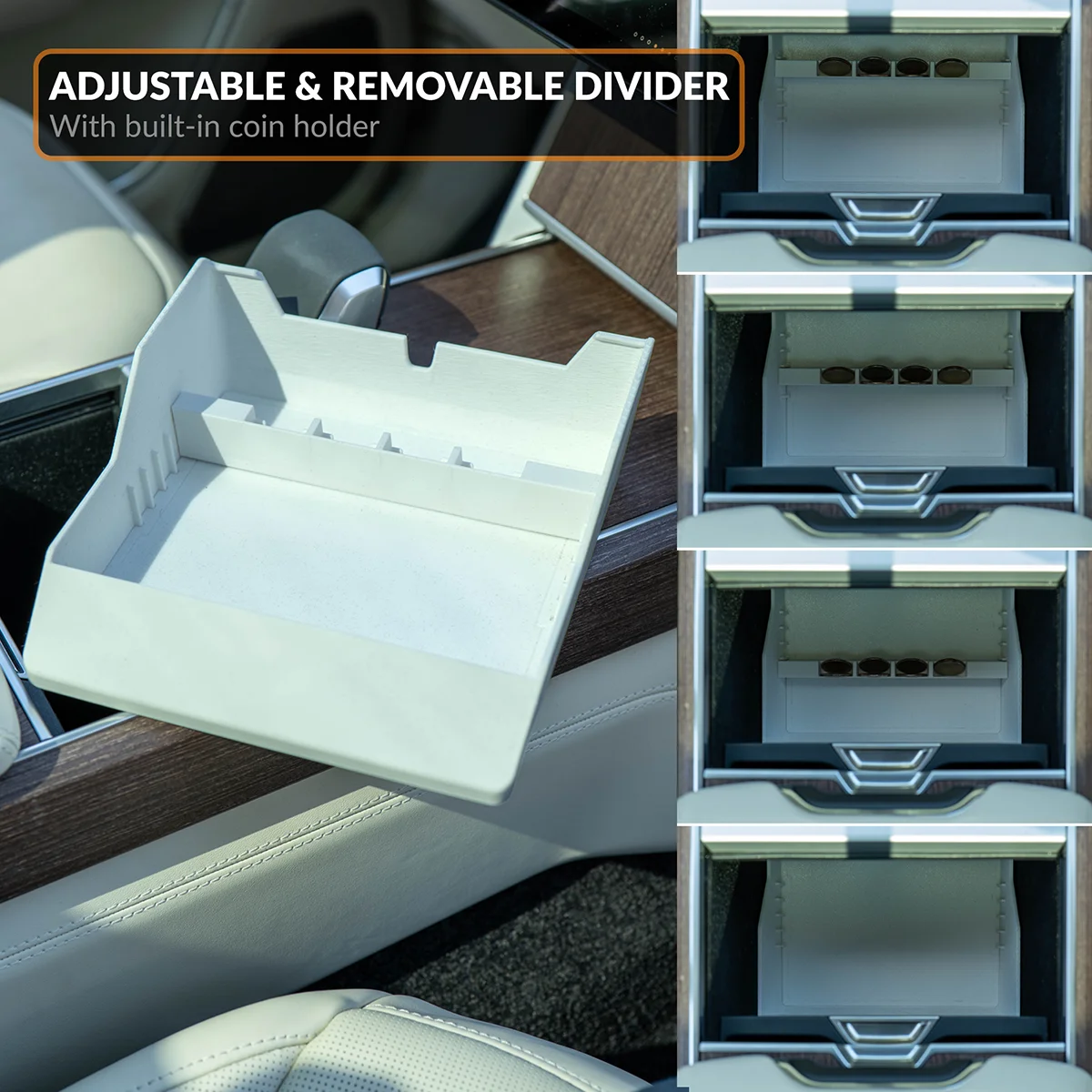 Adjustable and removable divider with built-in coin holder