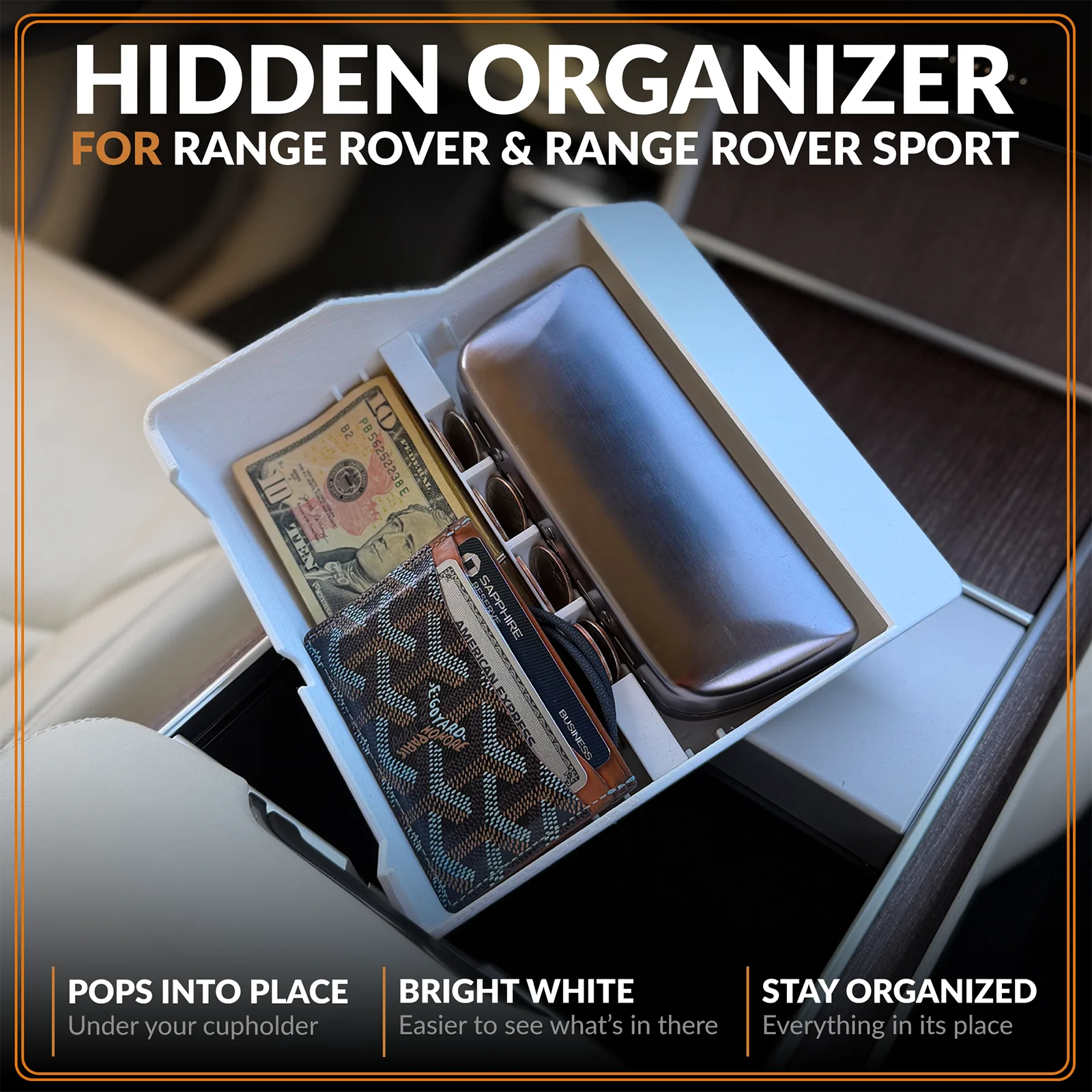 Range Rover Hidden Storage Organizer filled with everyday essentials