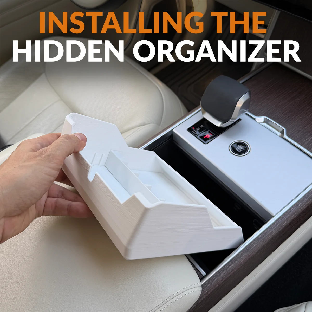 Installing the Range Rover Hidden Storage Organizer beneath the sliding cupholders